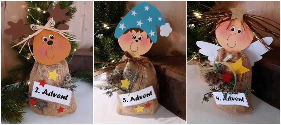 Advents-Säckchen mit Engel, Wichtel und Rentier