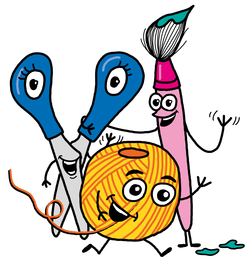 Illu_Schere Pinsel Wolle_bea_v6_RGB - Kopie Kampagnenmotiv der Kreativ Welt. Farbenfrohe Illustration einer Schere, einem Pinsel und einem Wollknäuel.